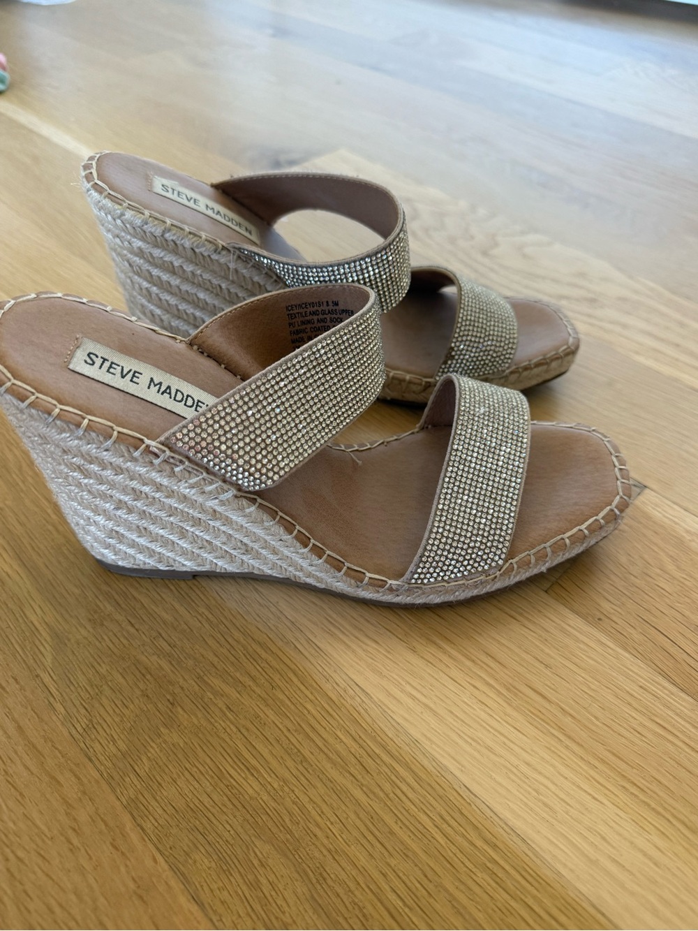 Steve Madden Ice Beige Crystal Espadrille Wedge Sandals